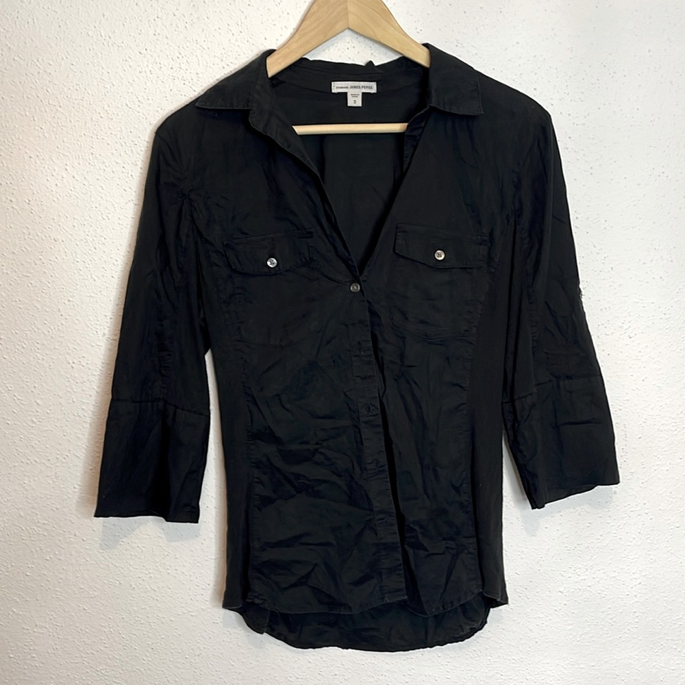 James Perse Contrast Ribbed Pannel Button Down Black Blouse Size 3